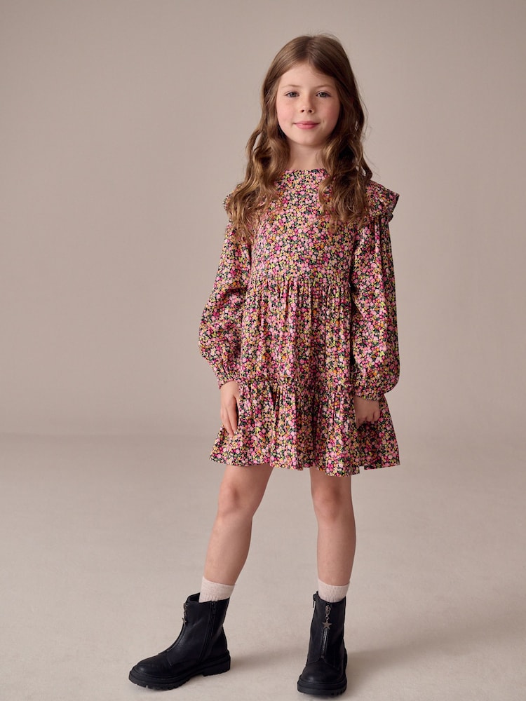Berry Pink Ditsy Long Sleeve Ruffle Dress (3-16yrs) - Image 2 of 7