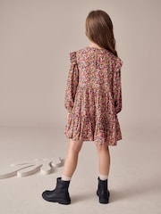 Berry Pink Ditsy Long Sleeve Ruffle Dress (3-16yrs) - Image 3 of 7