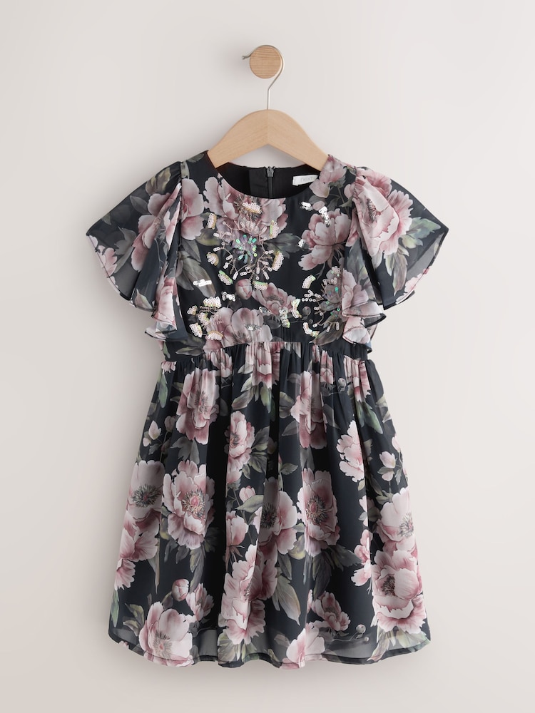 Dark Floral Print Angel Sleeve Embellished Dress (3-16yrs) - Image 1 of 4 Dark Floral Print Angel Sleeve Embellished Dress (3-16yrs) - Image 1 of 4
