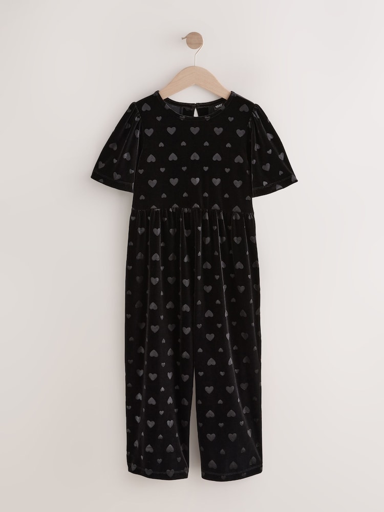 Black Heart Embossed Velour Jumpsuit (3-16yrs) - Image 1 of 4