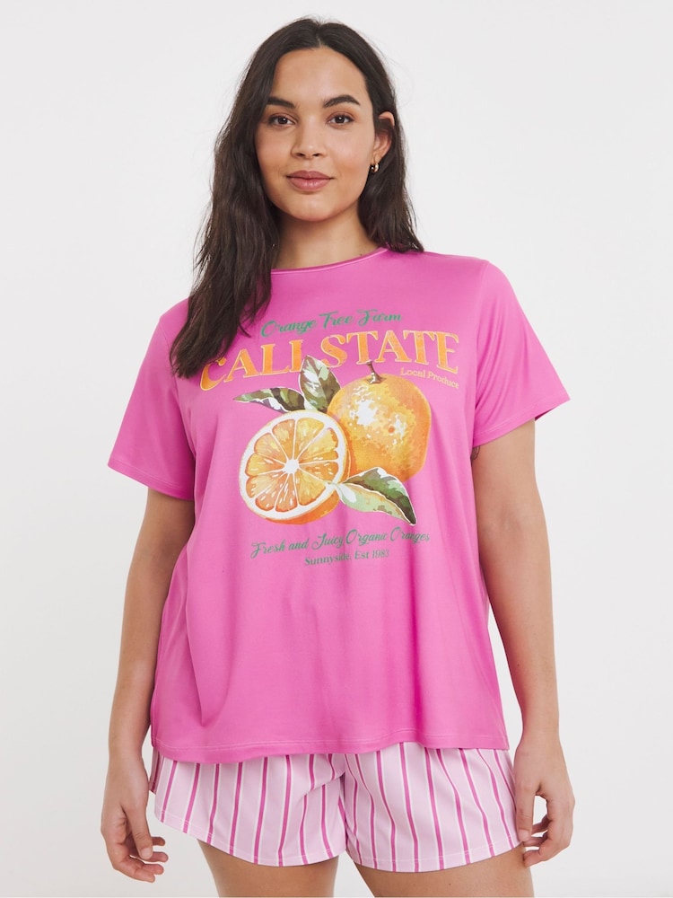 Simply Be Pink Graphic T-Shirt Pyjamas Shorts Set - Image 1 of 4