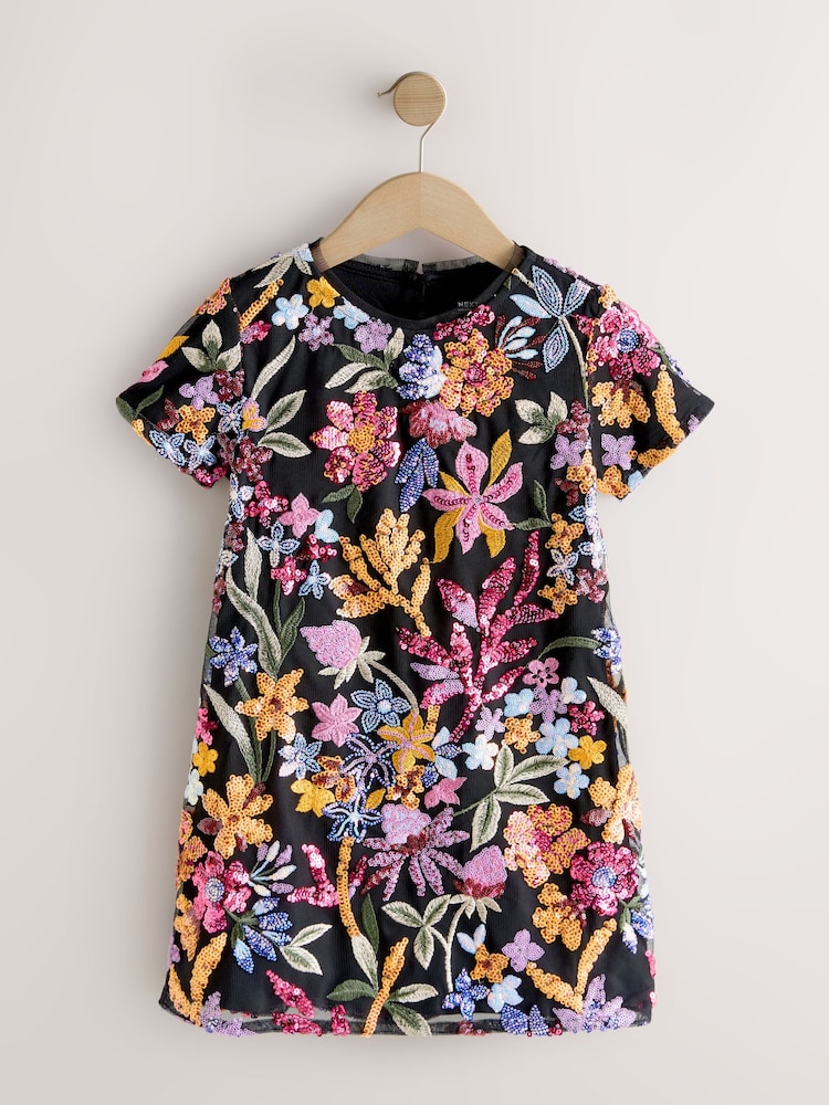 floral sequin shift dress London Times Women's Round-Neck Sequin Shift Dress