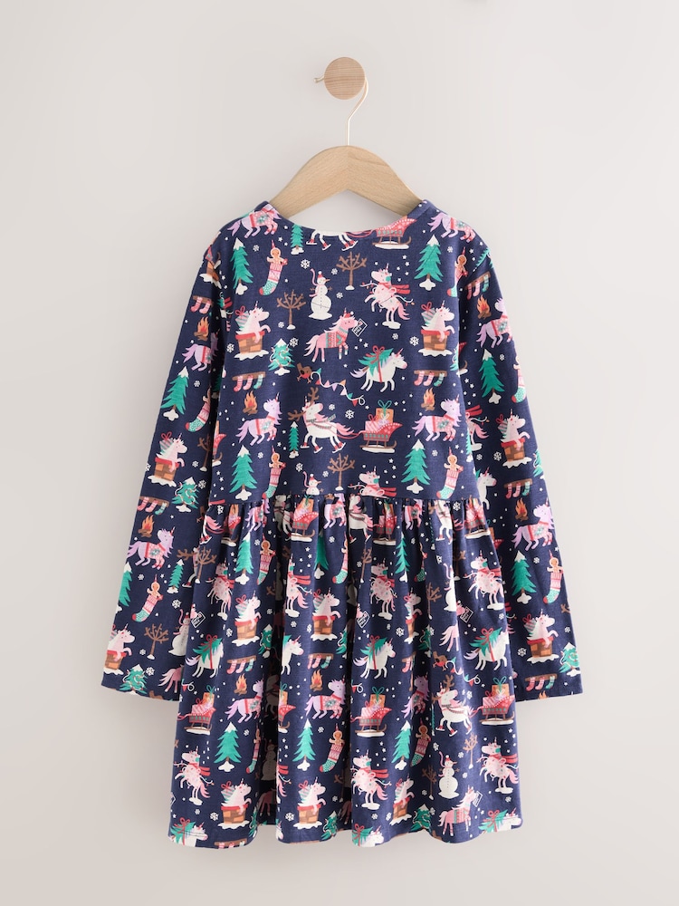 long sleeve girls christmas dress Happy Town Baby – Deer Print With Striped Skirt, Thanksgiving Day Outfit ( sleeve dress featuring adorable cartoon animals and a festive Christmas pattern Emma & Elsa Girls Dress