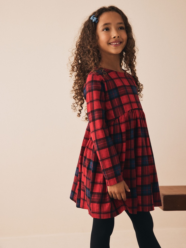 Red/Navy Check Long Sleeve Jersey Dress (3-16yrs) - Image 1 of 4