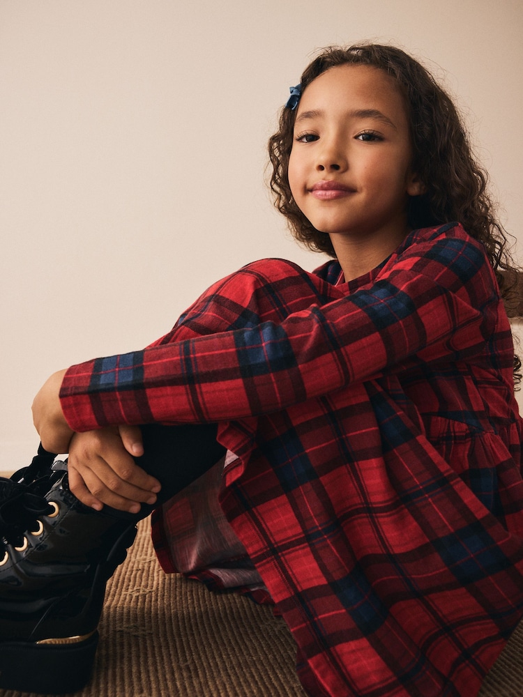 Red/Navy Check Long Sleeve Jersey Dress (3-16yrs) - Image 4 of 4