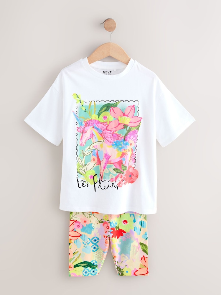 White Unicorn Oversized T-Shirt And Cycle Top and Shorts Set (3-16yrs) - Image 1 of 5