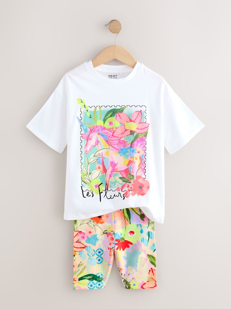 White Unicorn Oversized T-Shirt And Cycle Top and Shorts Set (3-16yrs) - Image 2 of 5