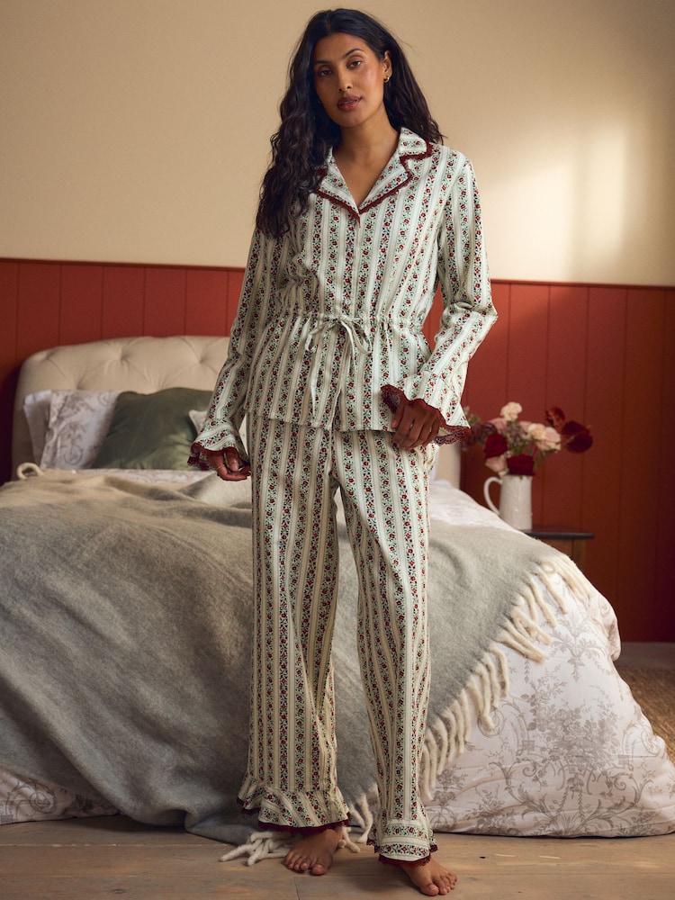 Laura Ashley Red/Green Christmas Rose Button Through Pyjamas - Image 1 of 13