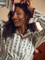 Laura Ashley Red/Green Christmas Rose Button Through Pyjamas - Image 4 of 13