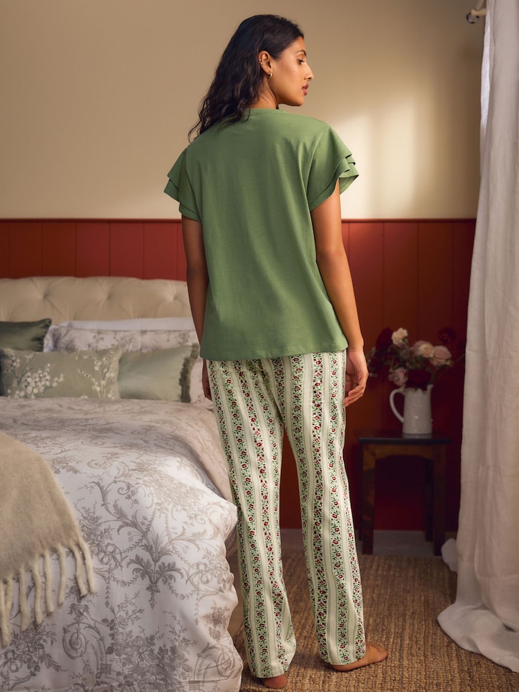 Laura Ashley Red/Green Christmas Rose Jersey Short Sleeve Pyjamas - Image 2 of 6