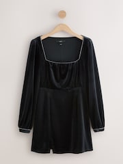 Black Mini Long Sleeve Embelished Neckline Dress - Image 6 of 8
