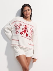 White Ecru Lobster Graphic Print Stitch Roll Edge Jumper - Image 1 of 8