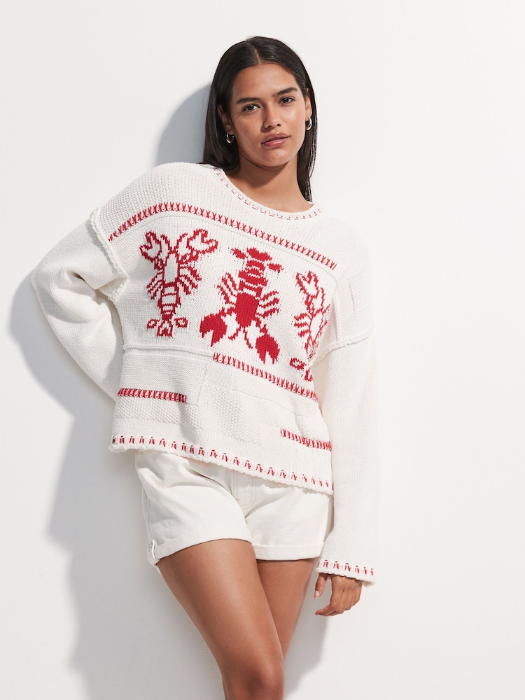 White Ecru Lobster Graphic Print Stitch Roll Edge Jumper - Image 1 of 8