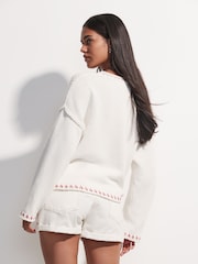 White Ecru Lobster Graphic Print Stitch Roll Edge Jumper - Image 3 of 8