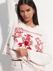 White Ecru Lobster Graphic Print Stitch Roll Edge Jumper - Image 4 of 8