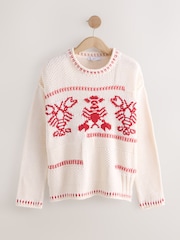 White Ecru Lobster Graphic Print Stitch Roll Edge Jumper - Image 6 of 8