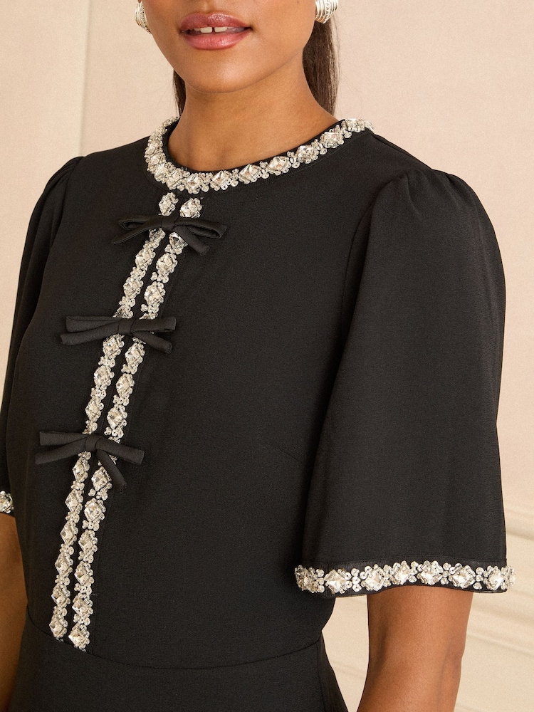 Love & Roses Black Diamonte Bow Mini Dress - Image 2 of 4