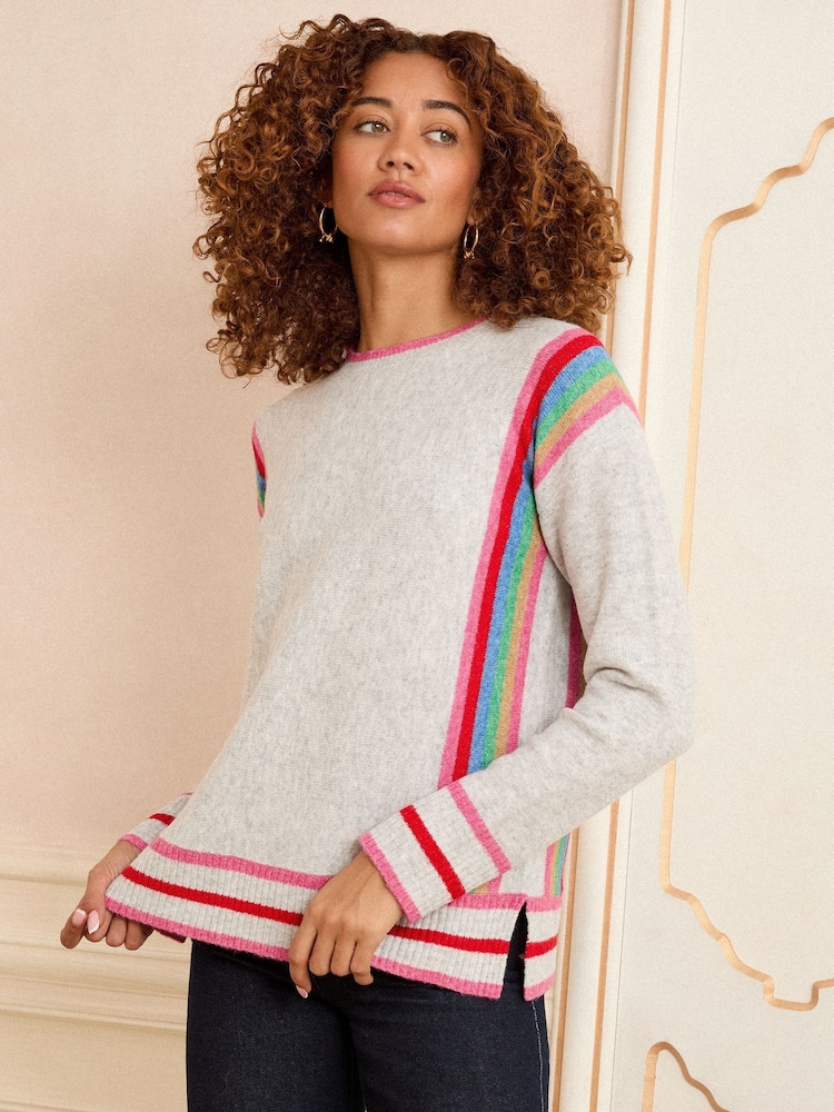 Love & Roses Grey Rainbow Side Stripe Crew Neck Knit Jumper - Image 2 of 5