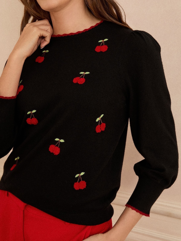 Love & Roses Black Embroidered Cherry 3/4 Knitted Jumper - Image 2 of 4