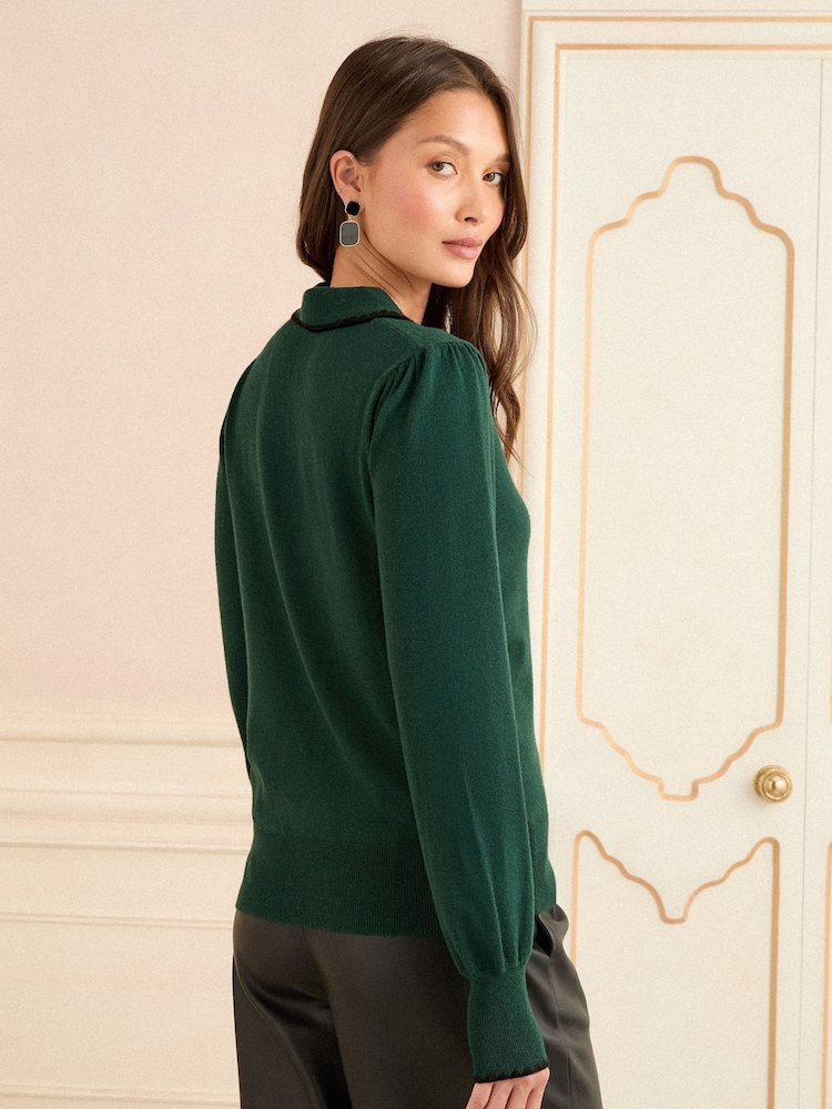 Love & Roses Forest Green Tipped Knitted Collar Jumper - Image 4 of 4