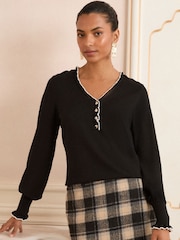 Love & Roses Black Tipped Frill V-Neck Button Jumper - Image 3 of 4