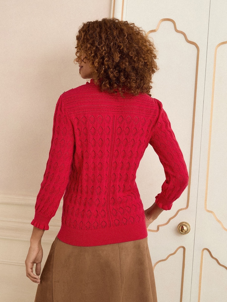Love & Roses Red Pointelle Frill Neck Knitted Jumper - Image 4 of 4