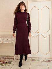Vermelho Borgonha - Love & Roses Crew malha decote redondo e manga comprida Midi Dress - Imagem 1 de 4