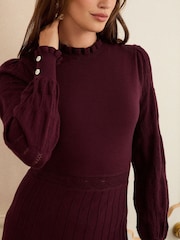 Vermelho Borgonha - Love & Roses Crew malha decote redondo e manga comprida Midi Dress - Imagem 2 de 4
