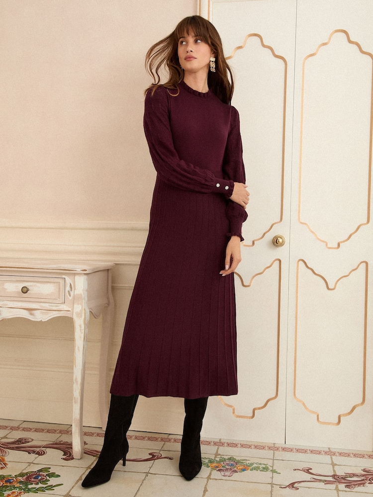 Vermelho Borgonha - Love & Roses Crew malha decote redondo e manga comprida Midi Dress - Imagem 4 de 4