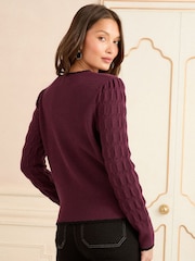 Love & Roses Burgundy Red Crew Neck Pointelle Sleeve Bow Jumper - Image 2 of 4