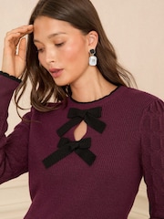Love & Roses Burgundy Red Crew Neck Pointelle Sleeve Bow Jumper - Image 3 of 4
