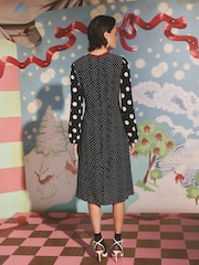 Cath Kidston Black Spot Long Sleeve Midi Dress with Bow Detail - Image 3 of 12