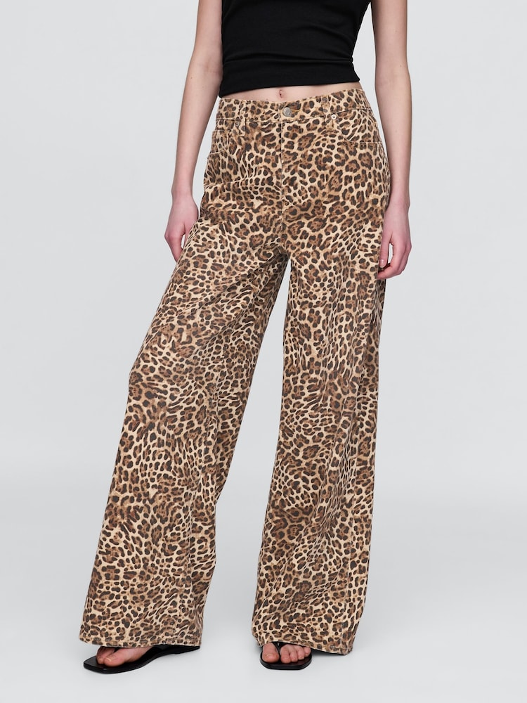 Gap Brown Leopard Print Mid Rise UltraSoft Baggy Jeans - Image 1 of 6