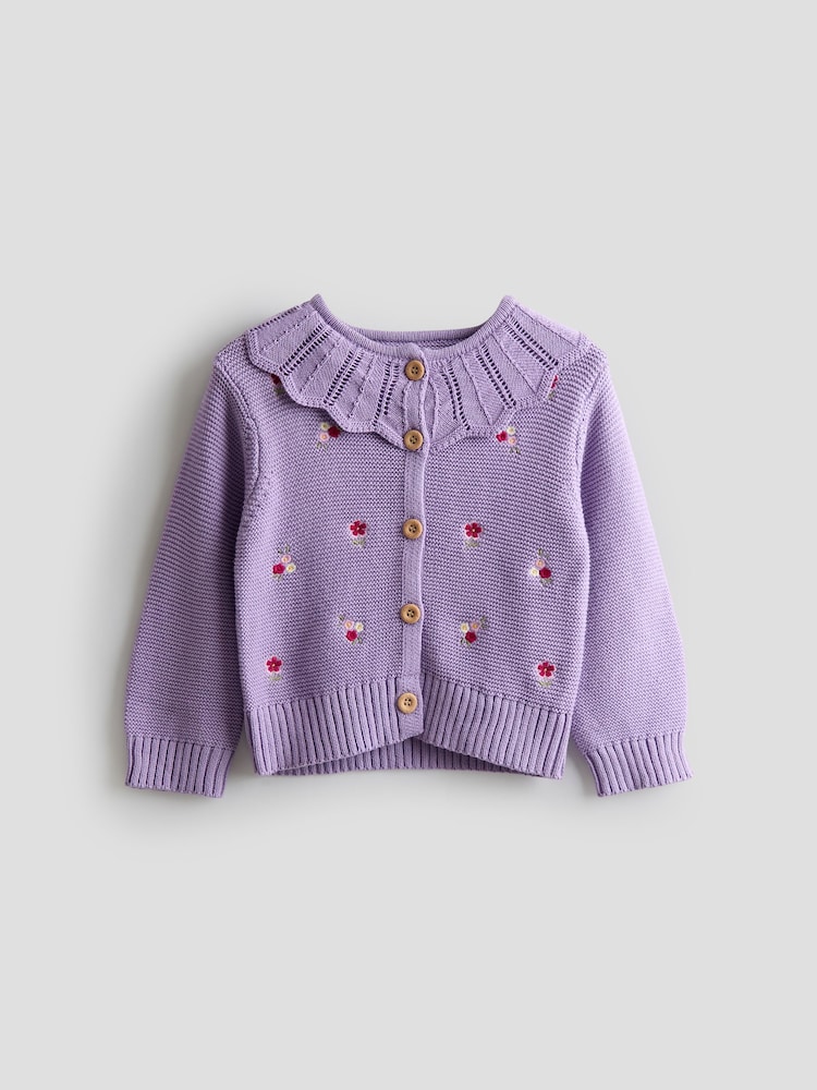 JoJo Maman Bébé Lilac Embroidered Lace Collar Cardigan - Image 1 of 3