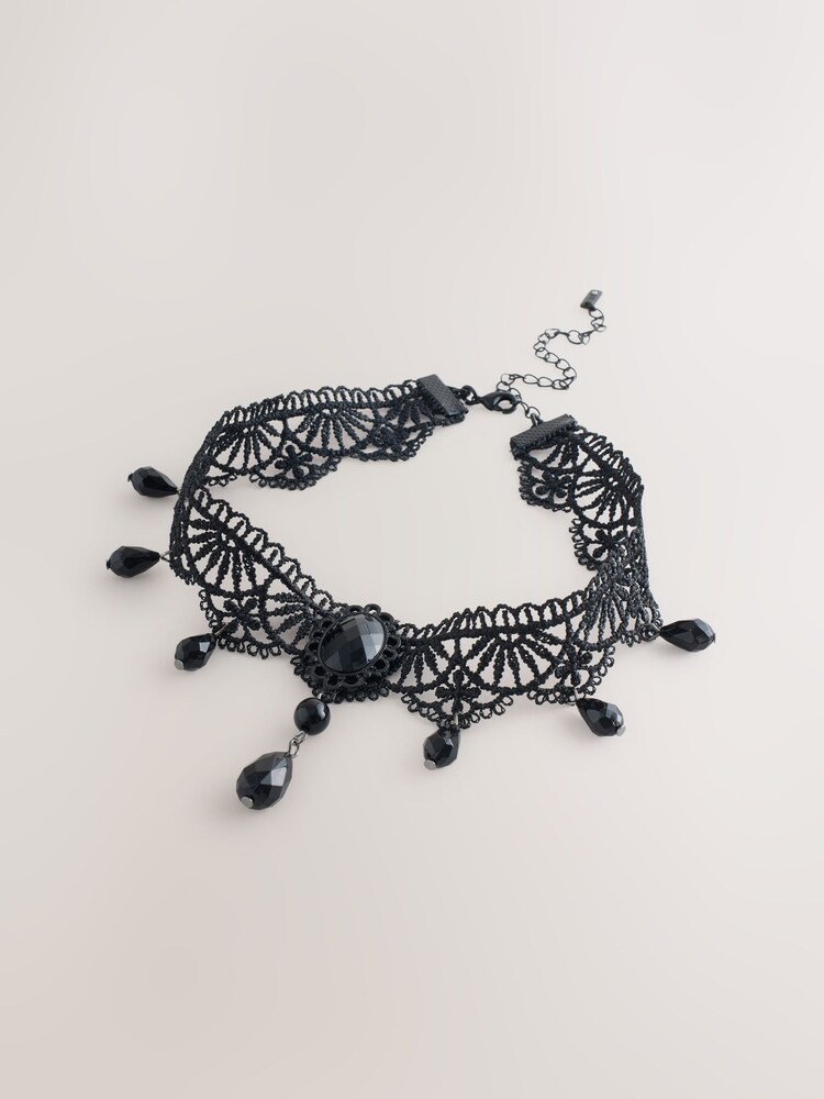 Negro - Lace Bead Drop Choker Necklace - Imagen 1 de 4