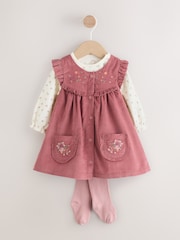 Pink Embroidered Baby Cord Pinafore Long Sleeve Bodysuit & Tights Set (0mths-2yrs) - Image 1 of 7