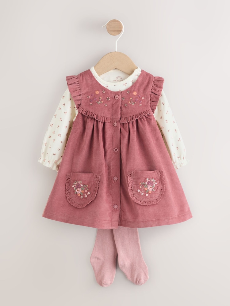 Pink Embroidered Baby Cord Pinafore Long Sleeve Bodysuit & Tights Set (0mths-2yrs) - Image 1 of 7