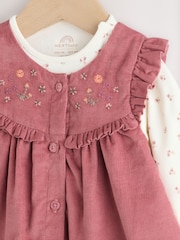 Pink Embroidered Baby Cord Pinafore Long Sleeve Bodysuit & Tights Set (0mths-2yrs) - Image 4 of 7