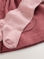Pink Embroidered Baby Cord Pinafore Long Sleeve Bodysuit & Tights Set (0mths-2yrs) - Image 5 of 7