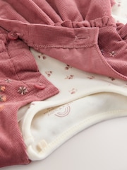 Pink Embroidered Baby Cord Pinafore Long Sleeve Bodysuit & Tights Set (0mths-2yrs) - Image 6 of 7