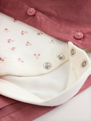 Pink Embroidered Baby Cord Pinafore Long Sleeve Bodysuit & Tights Set (0mths-2yrs) - Image 7 of 7