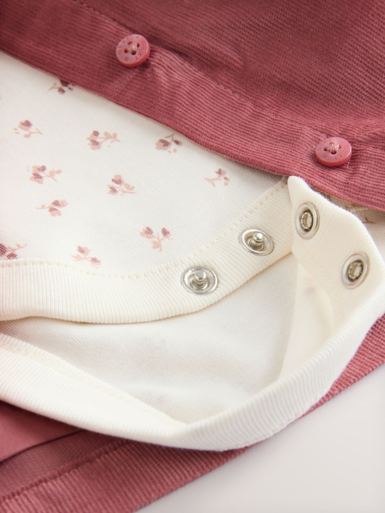 Pink Embroidered Baby Cord Pinafore Long Sleeve Bodysuit & Tights Set (0mths-2yrs) - Image 7 of 7
