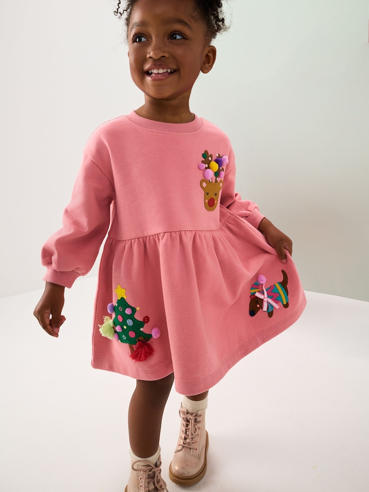 Pink Christmas Embellished Sweat Dress (3mths-7yrs) - Image 1 of 8