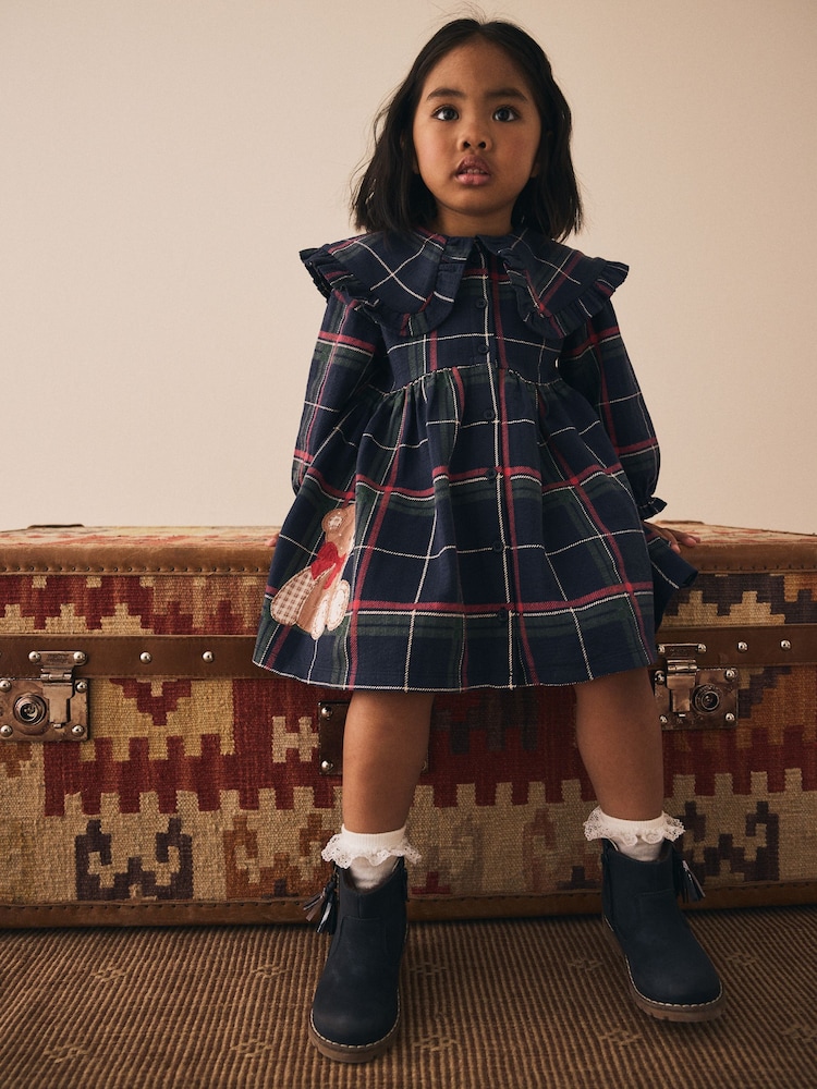 Navy Teddy Bear Long Sleeve Collared Dress (3mths-7yrs) - Image 1 of 4
