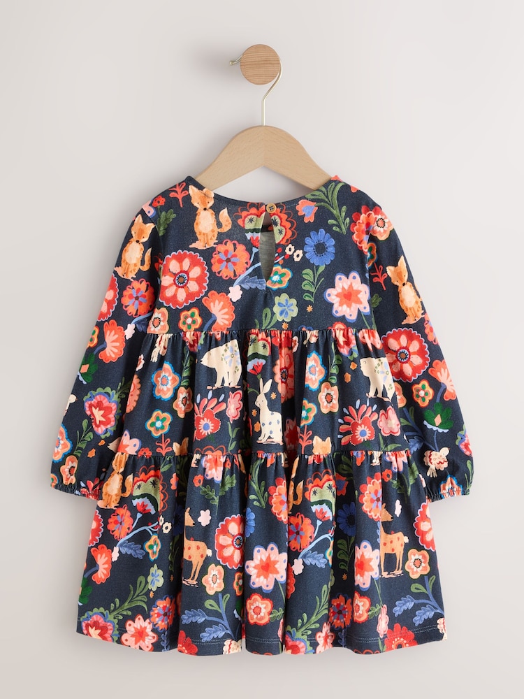 Navy Long Sleeve Tiered Dress (3mths-7yrs) - Image 2 of 4
