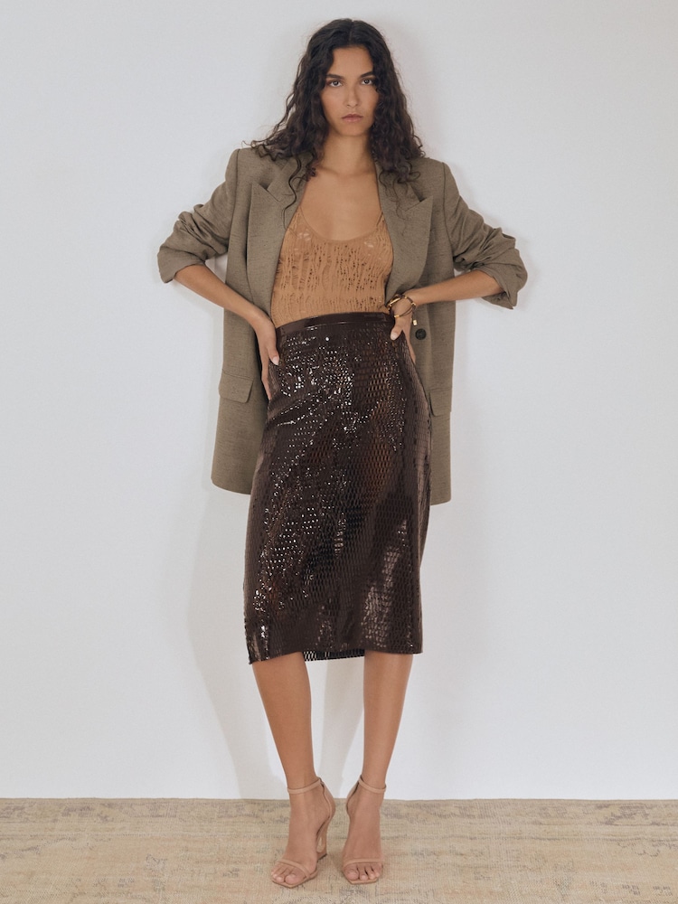 Reiss Chocolate Raye Atelier Laser-Cut Pencil Skirt - Image 1 of 5