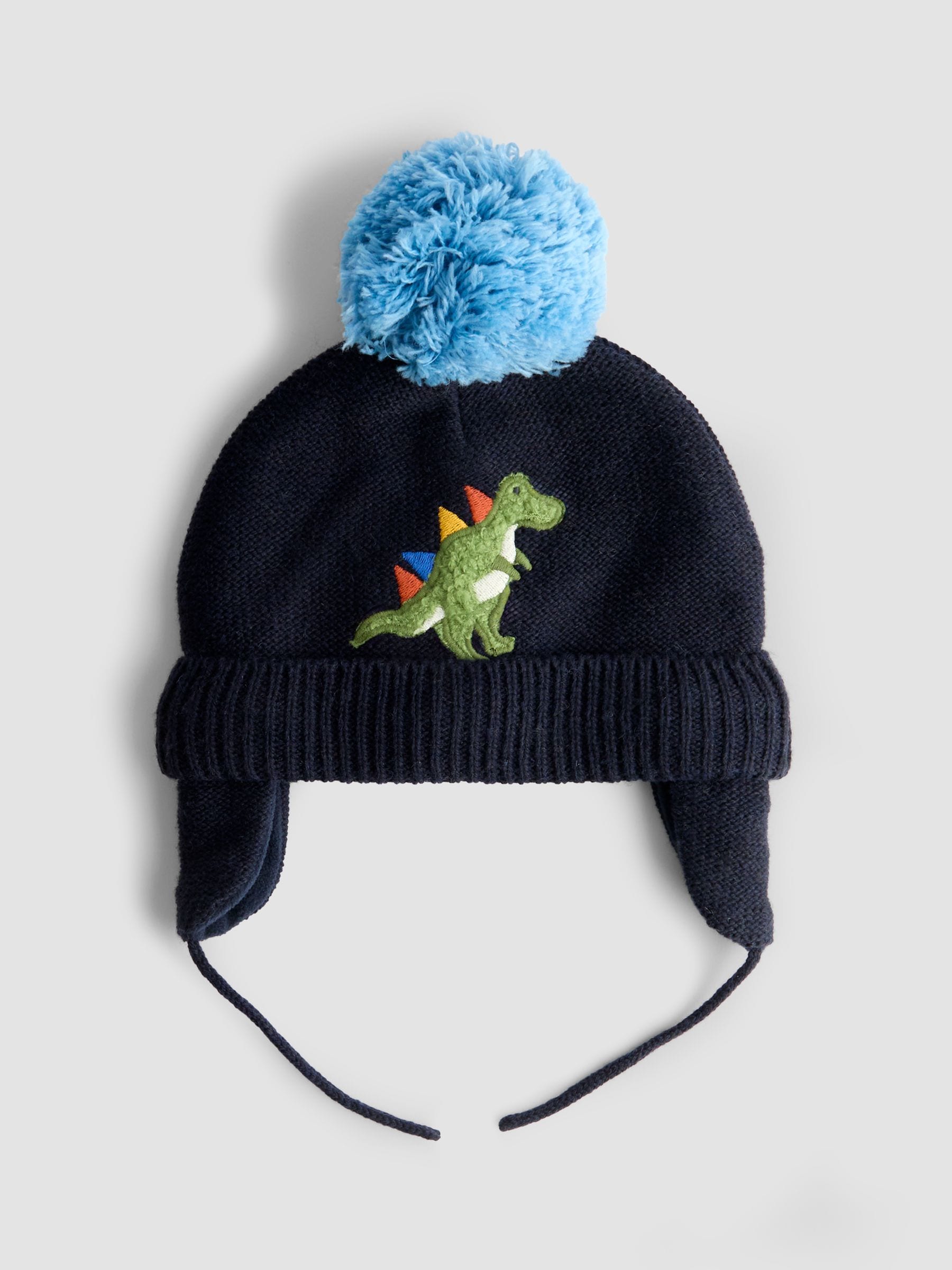 Jojo Maman Bébé Blue Navy Dino Cosy Pom Pom Rib Hat