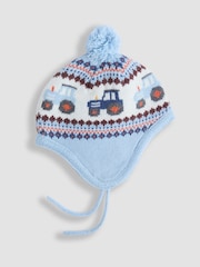 JoJo Maman Bébé Denim Blue Tractor Cosy Pom Pom Rib Hat - Image 1 of 3
