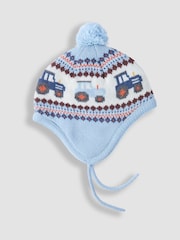 JoJo Maman Bébé Denim Blue Tractor Cosy Pom Pom Rib Hat - Image 2 of 3