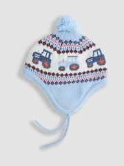 JoJo Maman Bébé Denim Blue Tractor Cosy Pom Pom Rib Hat - Image 3 of 3